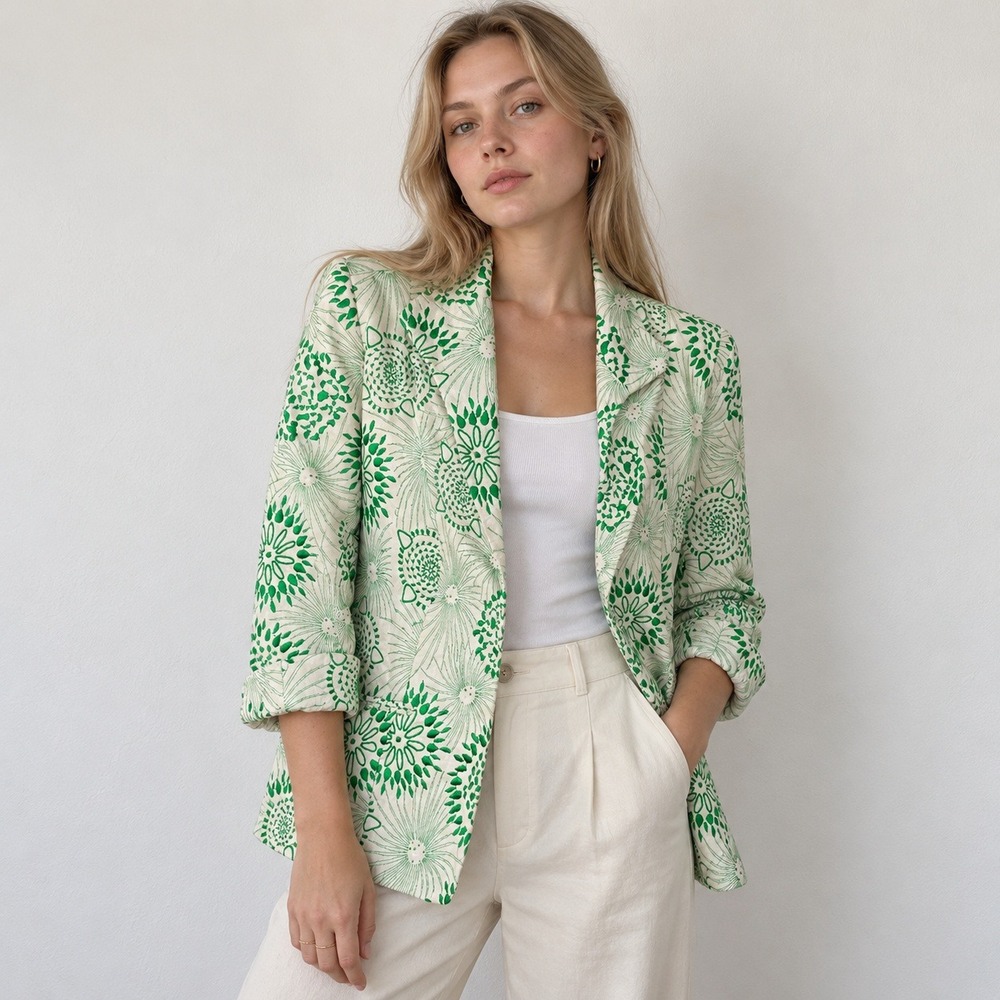 Lafayette 148 Womens Blazer 8 Green White Embroidered Beaded Linen Coastal Chic